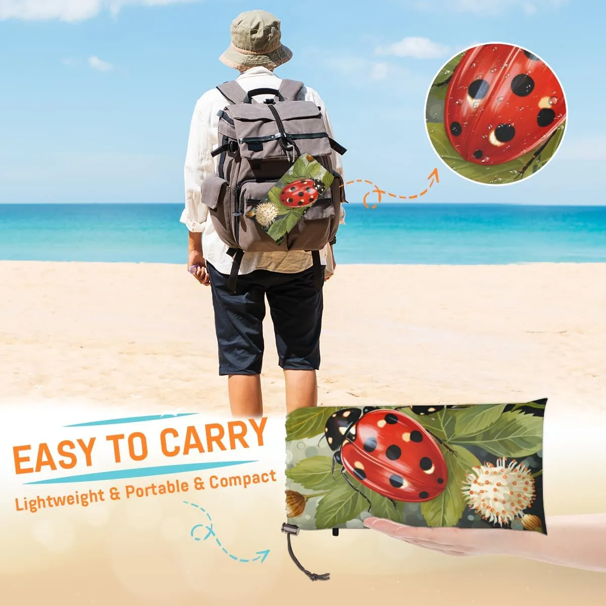 Beach Blanket, Ladybirds Sandproof Beach Mat, Waterproof Quick Drying Sand Free Mat with 4 x Ground Spikes for Outdoor Travel Camping Hiking, Ladybirds Flowers 68 x 59 in