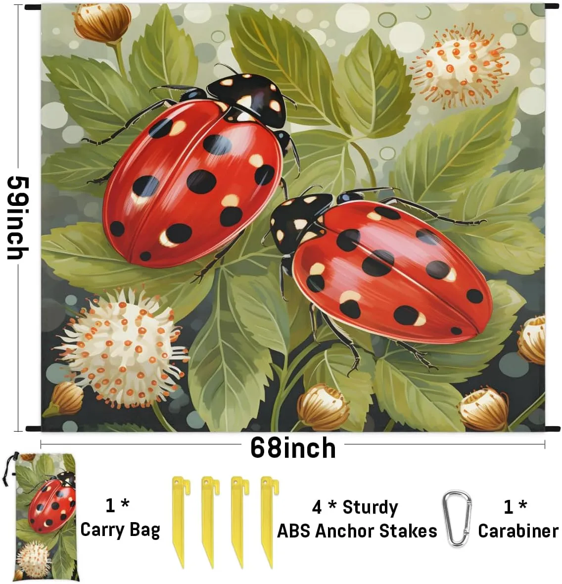 Beach Blanket, Ladybirds Sandproof Beach Mat, Waterproof Quick Drying Sand Free Mat with 4 x Ground Spikes for Outdoor Travel Camping Hiking, Ladybirds Flowers 68 x 59 in