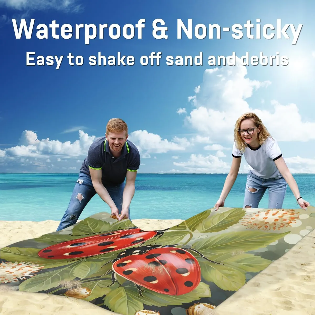 Beach Blanket, Ladybirds Sandproof Beach Mat, Waterproof Quick Drying Sand Free Mat with 4 x Ground Spikes for Outdoor Travel Camping Hiking, Ladybirds Flowers 68 x 59 in