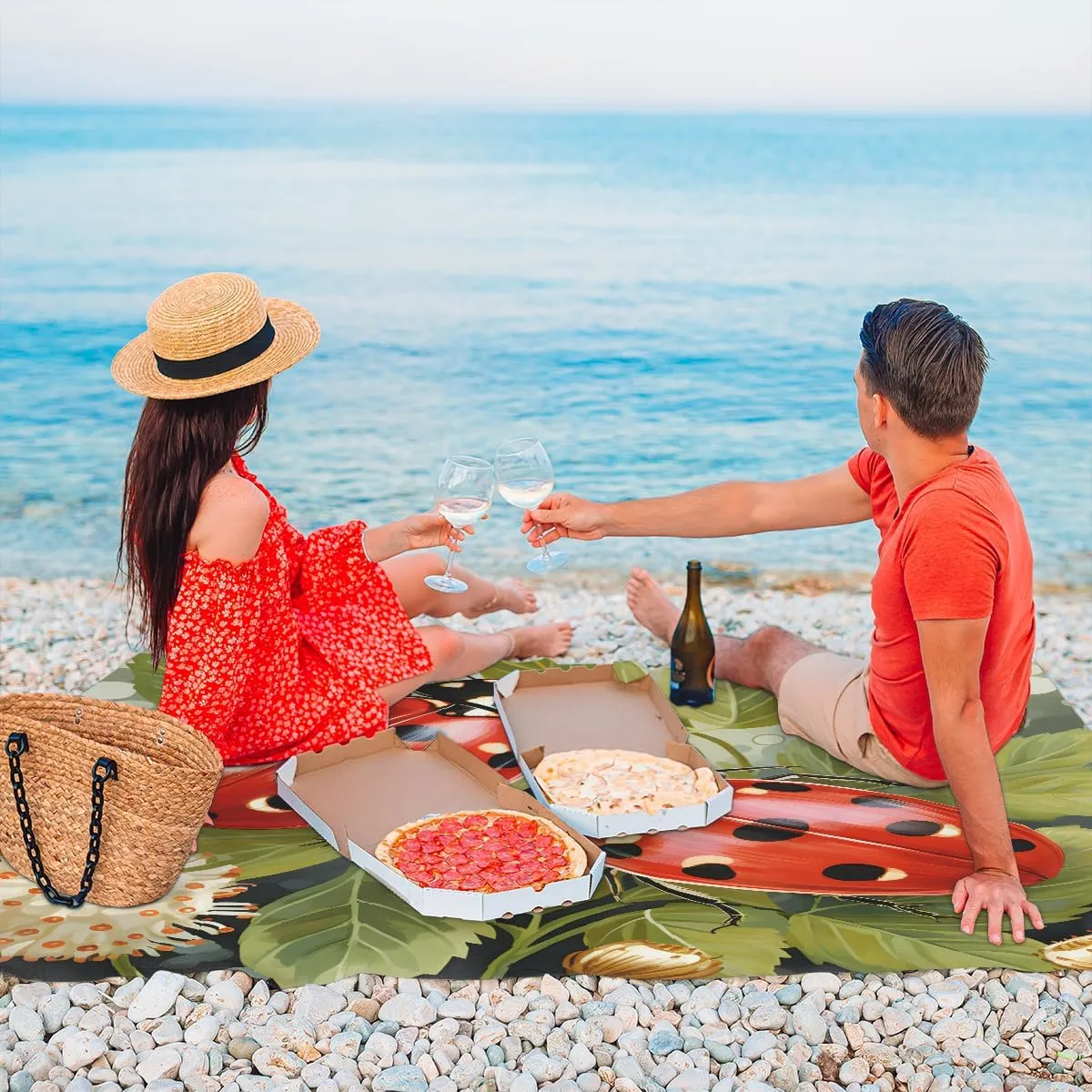 Beach Blanket, Ladybirds Sandproof Beach Mat, Waterproof Quick Drying Sand Free Mat with 4 x Ground Spikes for Outdoor Travel Camping Hiking, Ladybirds Flowers 68 x 59 in