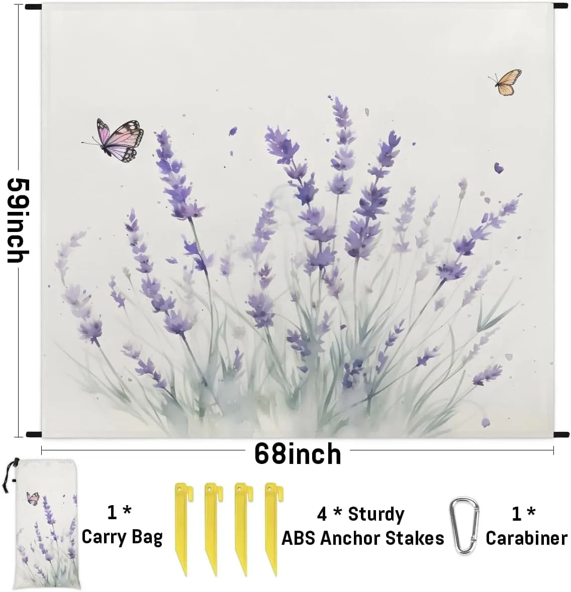 Beach Blanket, Lavender Sandproof Beach Mat, Waterproof Quick Drying Sand Free Mat with 4 x Ground Spikes for Outdoor Travel Camping Hiking, Wildflowers 68 x 59 in