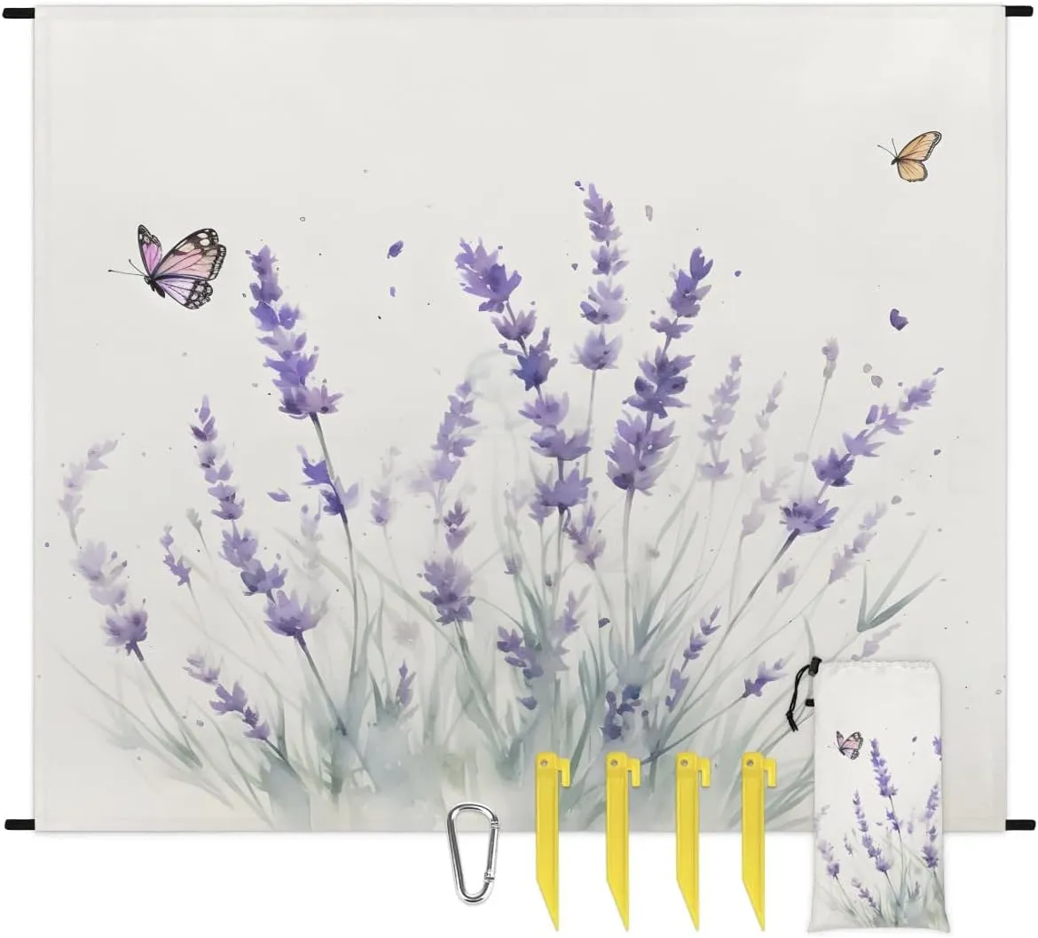 Beach Blanket, Lavender Sandproof Beach Mat, Waterproof Quick Drying Sand Free Mat with 4 x Ground Spikes for Outdoor Travel Camping Hiking, Wildflowers 68 x 59 in