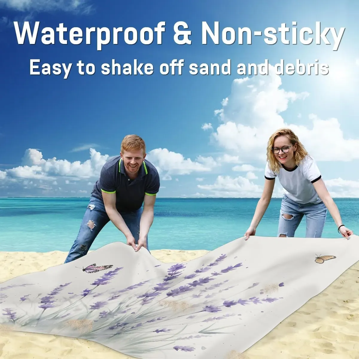 Beach Blanket, Lavender Sandproof Beach Mat, Waterproof Quick Drying Sand Free Mat with 4 x Ground Spikes for Outdoor Travel Camping Hiking, Wildflowers 68 x 59 in