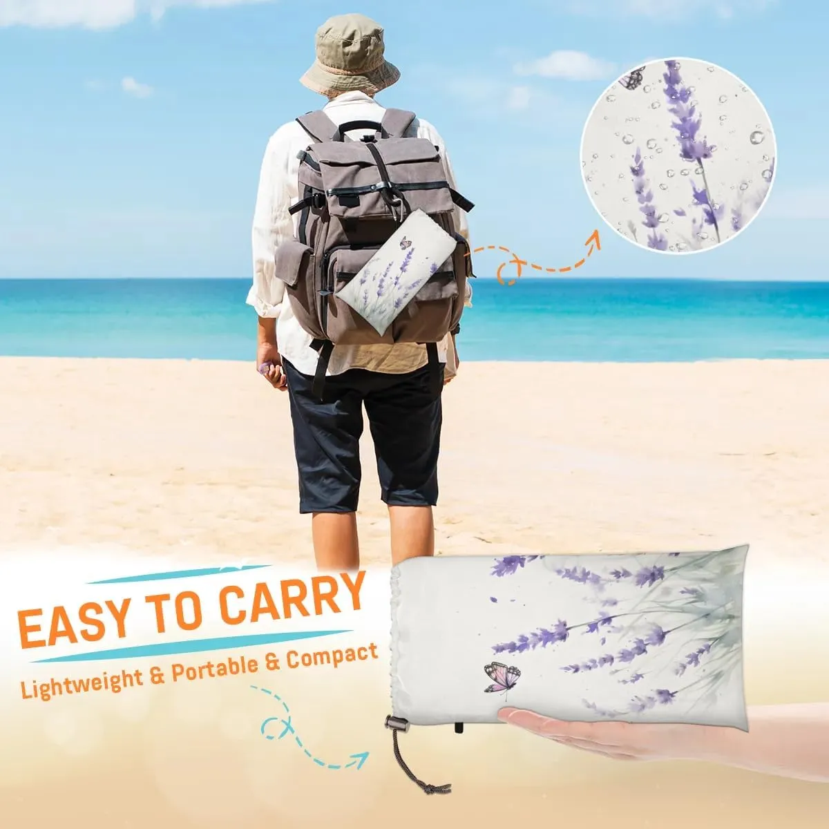 Beach Blanket, Lavender Sandproof Beach Mat, Waterproof Quick Drying Sand Free Mat with 4 x Ground Spikes for Outdoor Travel Camping Hiking, Wildflowers 68 x 59 in