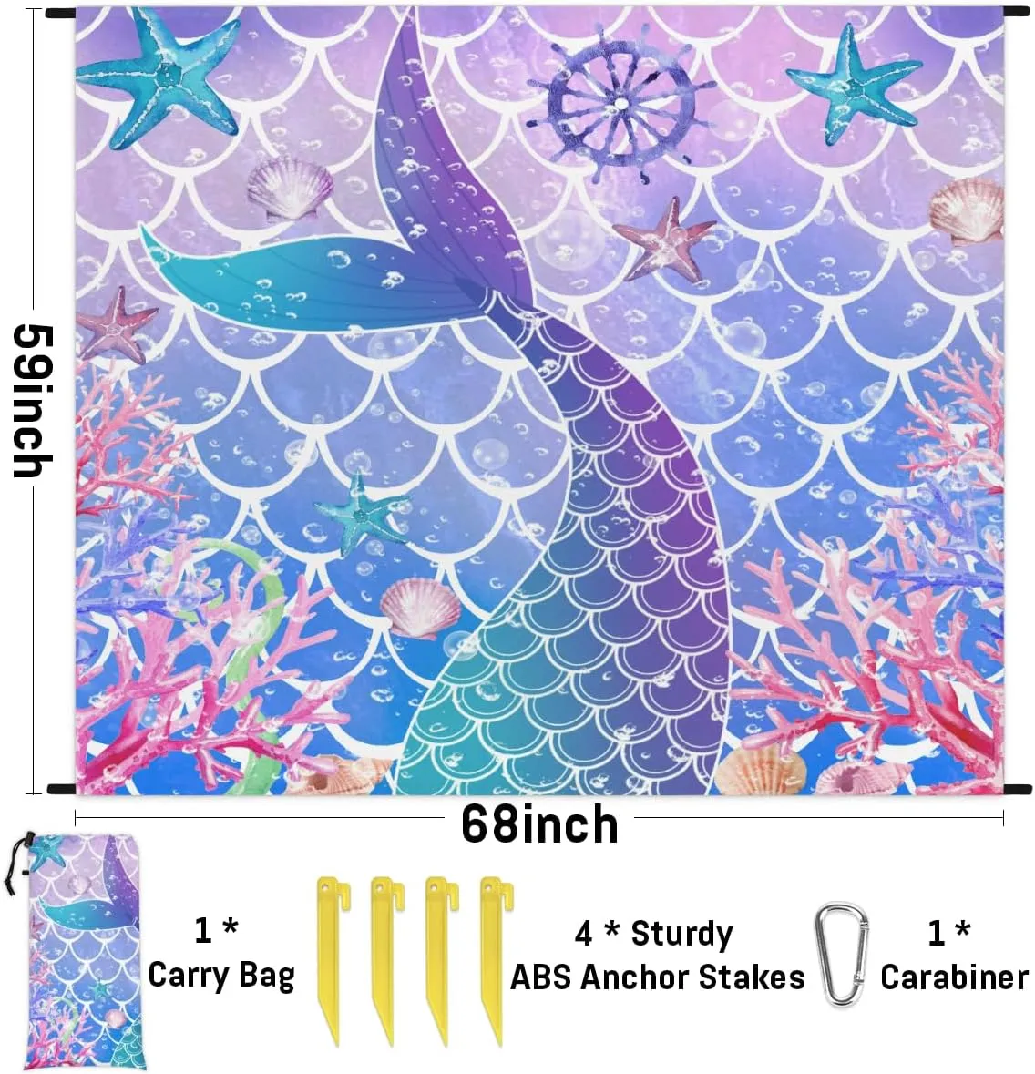 Beach Blanket, Mermaid Fish Scale Sandproof Beach Mat, Waterproof Quick Drying Sand Free Mat with 4 x Ground Spikes for Outdoor Travel Camping Hiking, Fishtail 68 x 59 in
