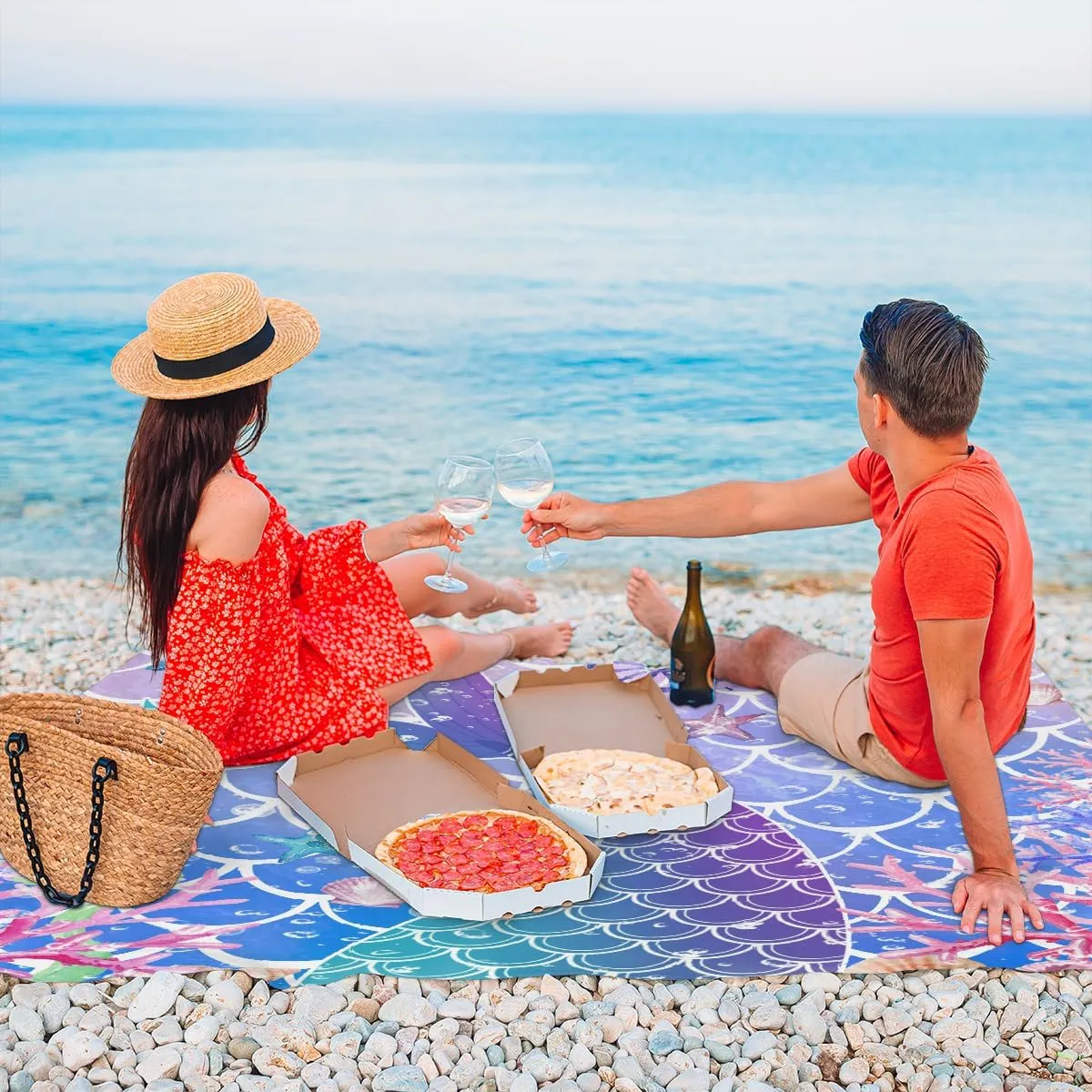 Beach Blanket, Mermaid Fish Scale Sandproof Beach Mat, Waterproof Quick Drying Sand Free Mat with 4 x Ground Spikes for Outdoor Travel Camping Hiking, Fishtail 68 x 59 in