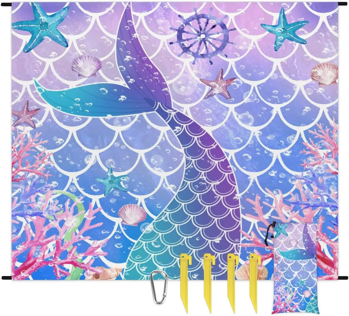 Beach Blanket, Mermaid Fish Scale Sandproof Beach Mat, Waterproof Quick Drying Sand Free Mat with 4 x Ground Spikes for Outdoor Travel Camping Hiking, Fishtail 68 x 59 in