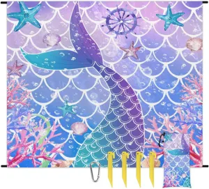 Beach Blanket, Mermaid Fish Scale Sandproof Beach Mat, Waterproof Quick Drying Sand Free Mat with 4 x Ground Spikes for Outdoor Travel Camping Hiking, Fishtail 68 x 59 in