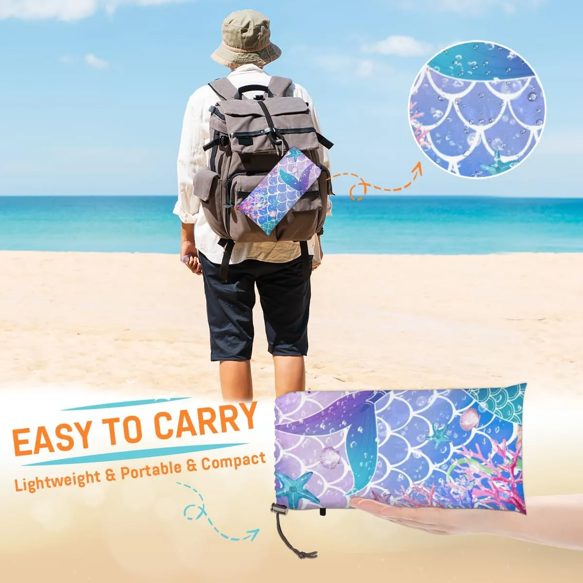 Beach Blanket, Mermaid Fish Scale Sandproof Beach Mat, Waterproof Quick Drying Sand Free Mat with 4 x Ground Spikes for Outdoor Travel Camping Hiking, Fishtail 68 x 59 in