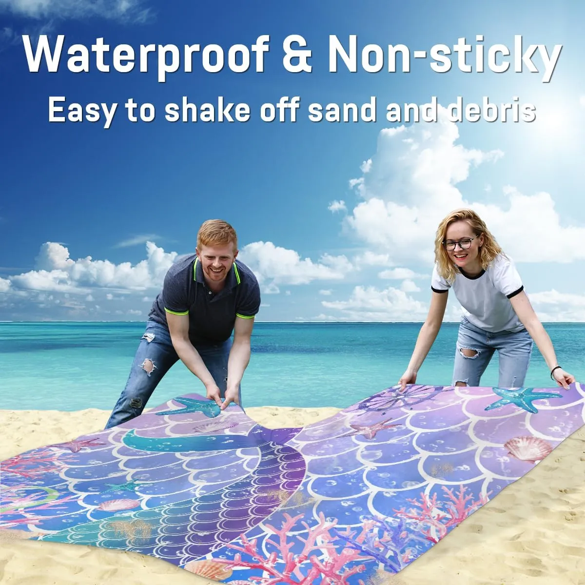 Beach Blanket, Mermaid Fish Scale Sandproof Beach Mat, Waterproof Quick Drying Sand Free Mat with 4 x Ground Spikes for Outdoor Travel Camping Hiking, Fishtail 68 x 59 in