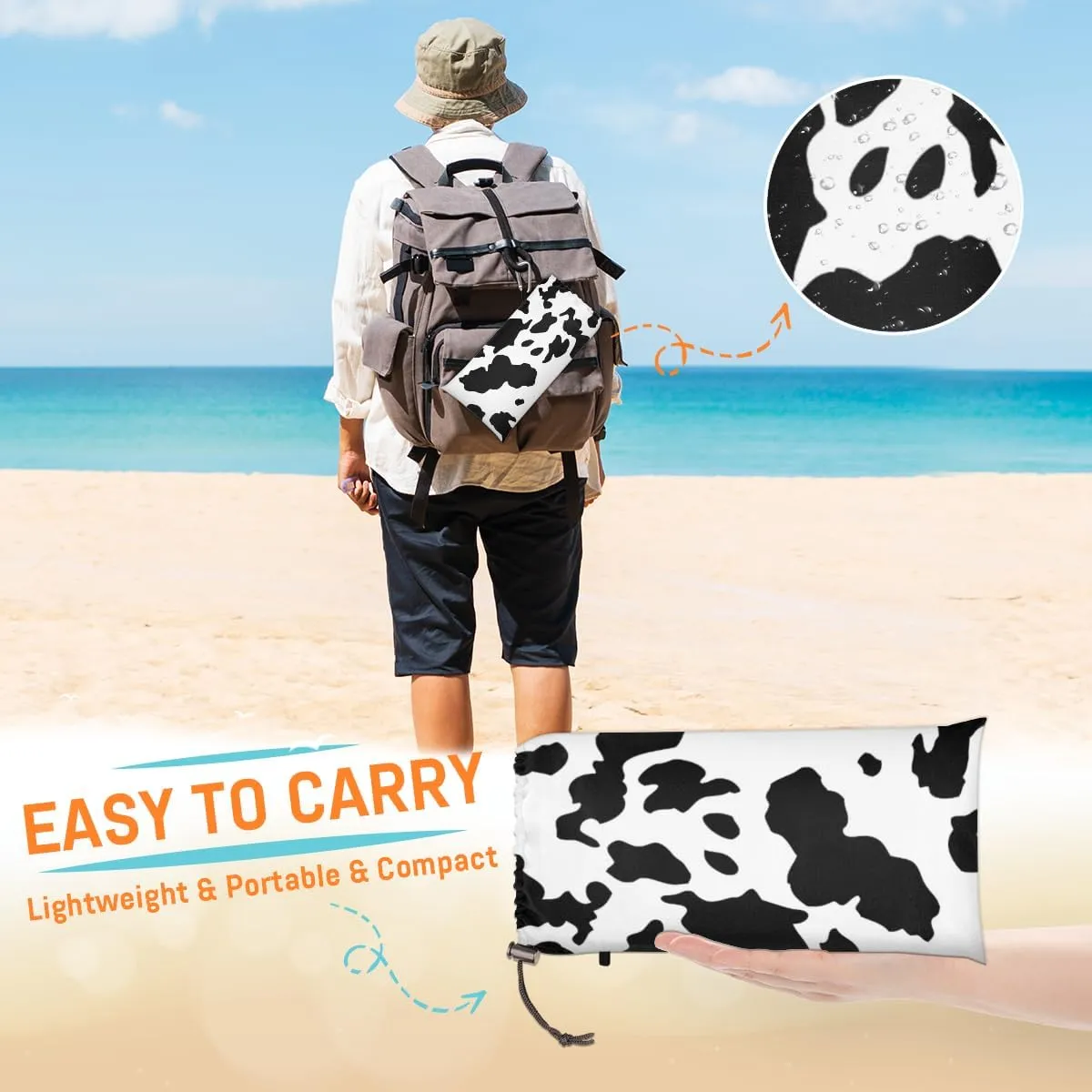 Beach Blanket, Milk Cow Print Sandproof Beach Mat, Waterproof Quick Drying Sand Free Mat with 4 x Ground Spikes for Outdoor Travel Camping Hiking, Farm Animal 68 x 59 in