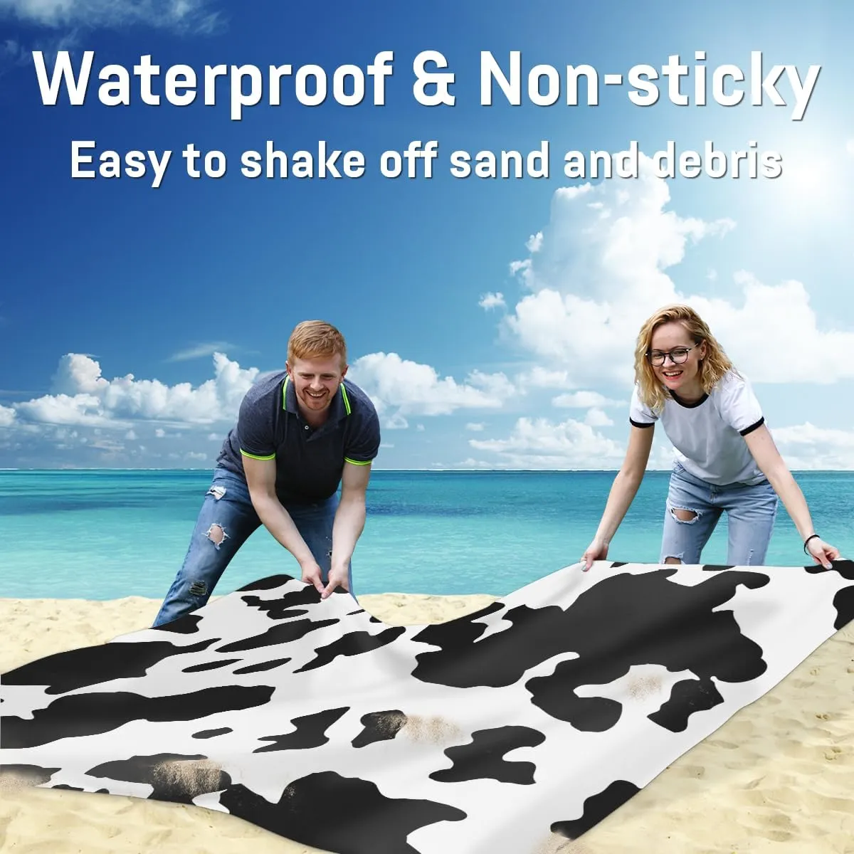 Beach Blanket, Milk Cow Print Sandproof Beach Mat, Waterproof Quick Drying Sand Free Mat with 4 x Ground Spikes for Outdoor Travel Camping Hiking, Farm Animal 68 x 59 in