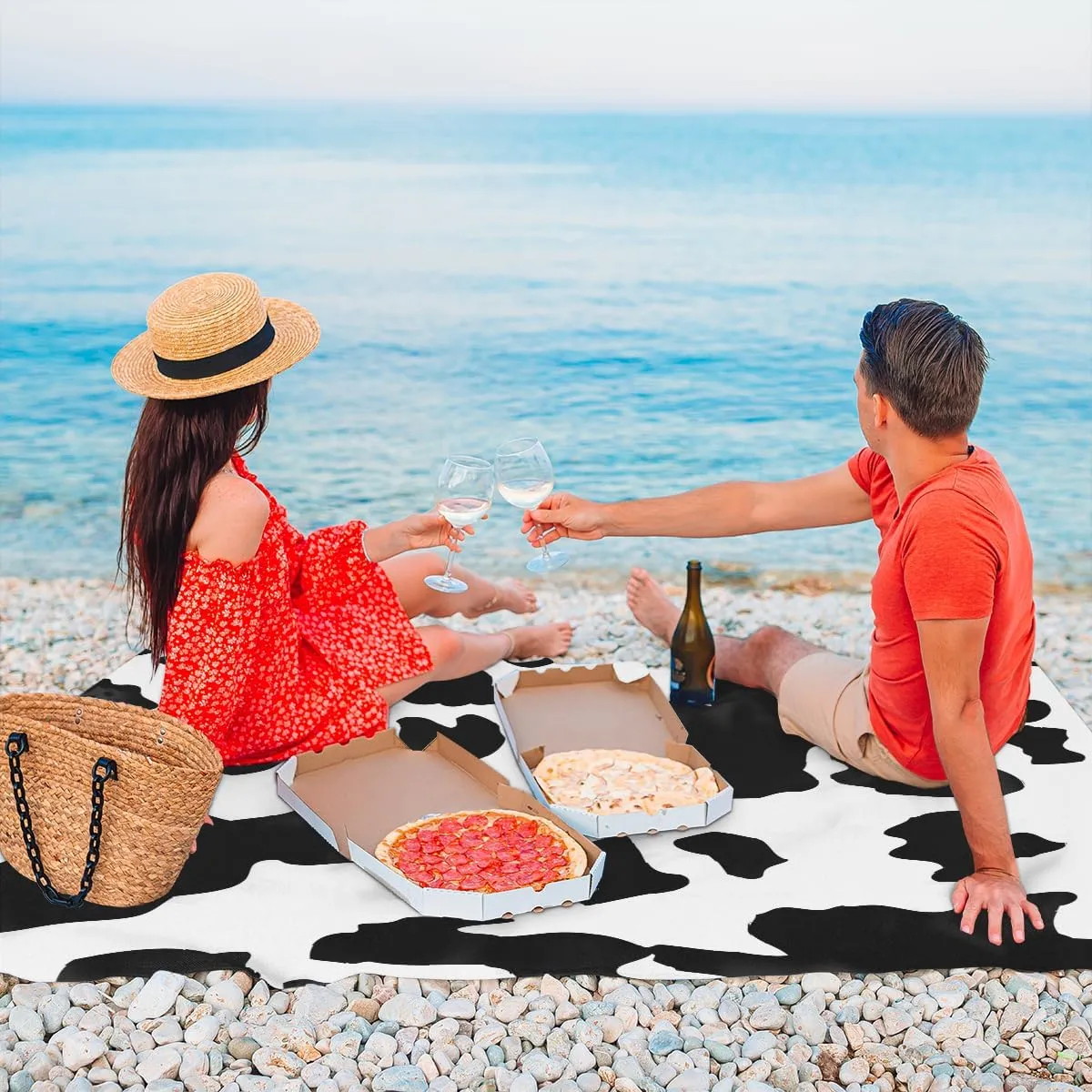Beach Blanket, Milk Cow Print Sandproof Beach Mat, Waterproof Quick Drying Sand Free Mat with 4 x Ground Spikes for Outdoor Travel Camping Hiking, Farm Animal 68 x 59 in