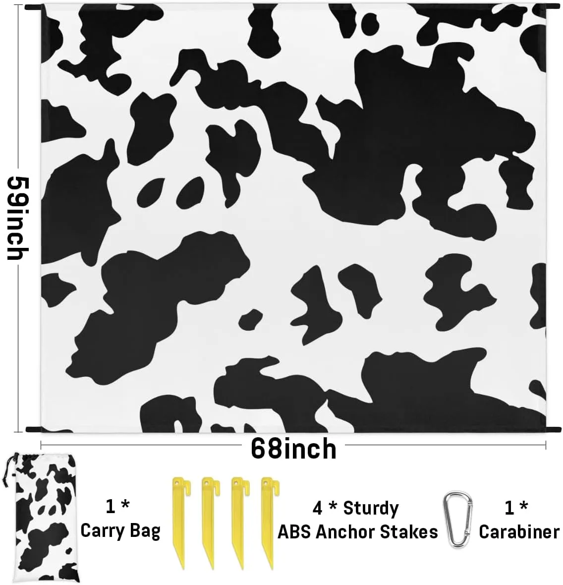 Beach Blanket, Milk Cow Print Sandproof Beach Mat, Waterproof Quick Drying Sand Free Mat with 4 x Ground Spikes for Outdoor Travel Camping Hiking, Farm Animal 68 x 59 in