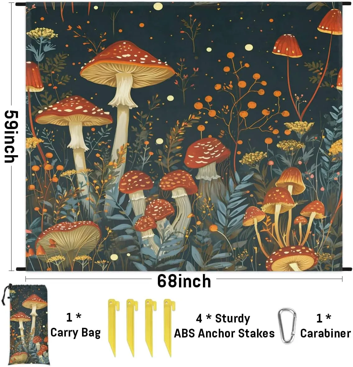 Beach Blanket, Mushrooms Sandproof Beach Mat, Waterproof Quick Drying Sand Free Mat with 4 x Ground Spikes for Outdoor Travel Camping Hiking, Mushrooms Wild Species 68 x 59 in