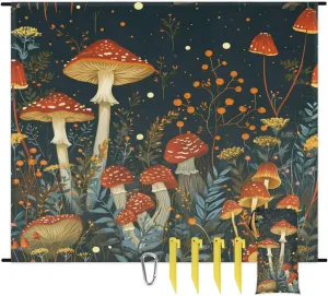 Beach Blanket, Mushrooms Sandproof Beach Mat, Waterproof Quick Drying Sand Free Mat with 4 x Ground Spikes for Outdoor Travel Camping Hiking, Mushrooms Wild Species 68 x 59 in