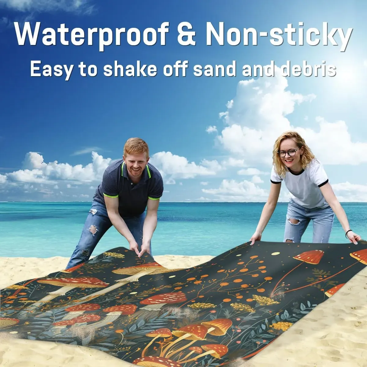 Beach Blanket, Mushrooms Sandproof Beach Mat, Waterproof Quick Drying Sand Free Mat with 4 x Ground Spikes for Outdoor Travel Camping Hiking, Mushrooms Wild Species 68 x 59 in