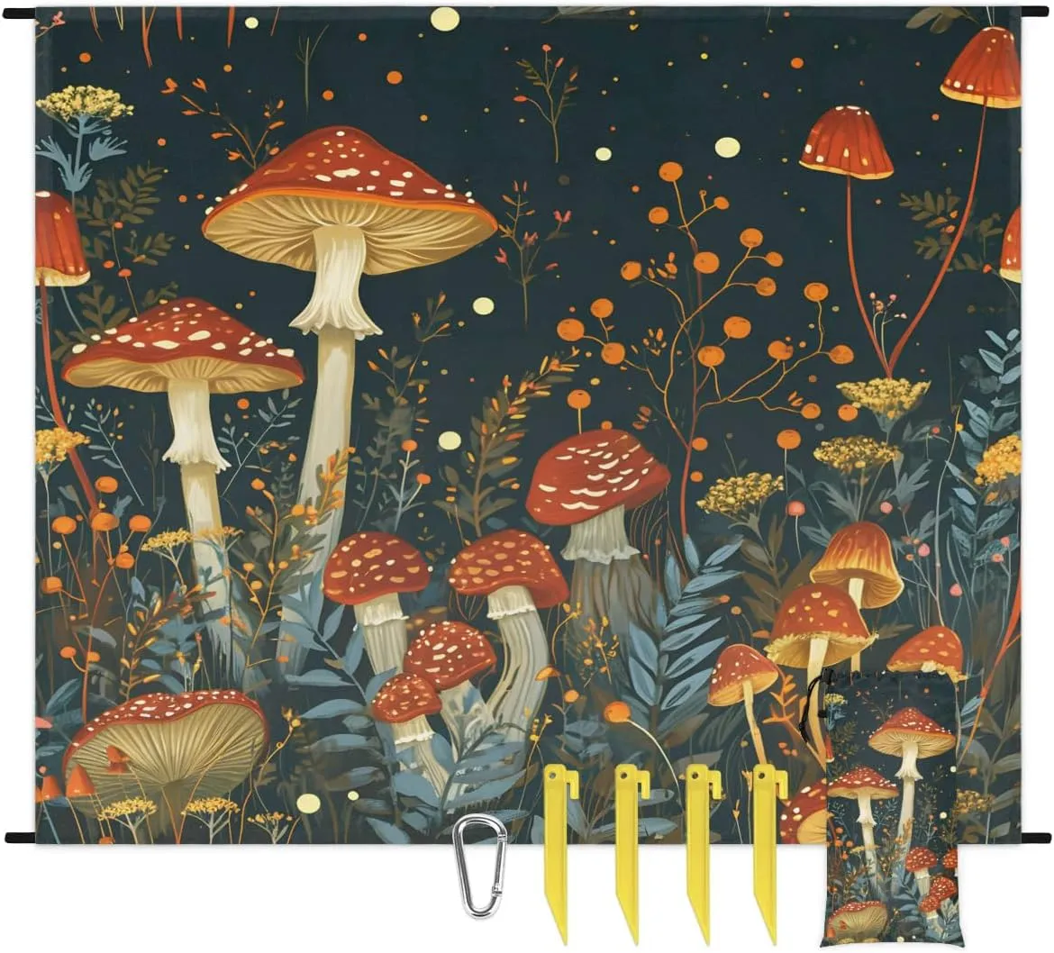 Beach Blanket, Mushrooms Sandproof Beach Mat, Waterproof Quick Drying Sand Free Mat with 4 x Ground Spikes for Outdoor Travel Camping Hiking, Mushrooms Wild Species 68 x 59 in
