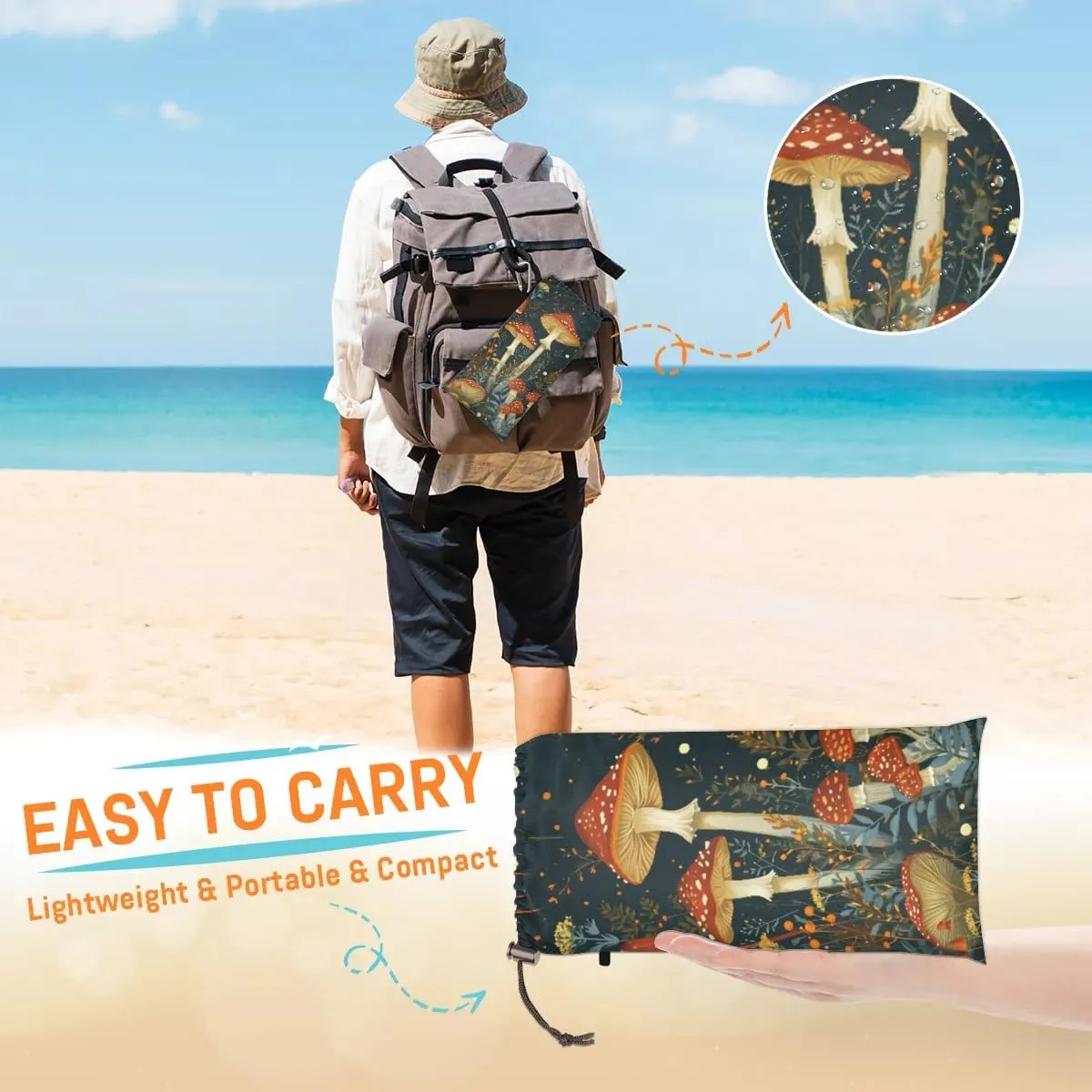 Beach Blanket, Mushrooms Sandproof Beach Mat, Waterproof Quick Drying Sand Free Mat with 4 x Ground Spikes for Outdoor Travel Camping Hiking, Mushrooms Wild Species 68 x 59 in