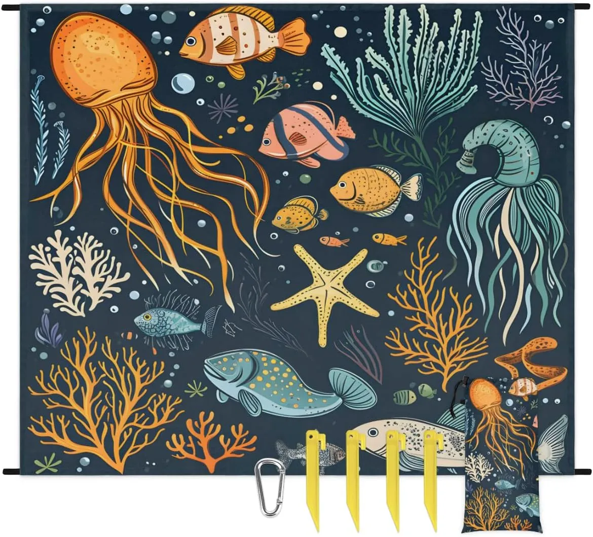 Beach Blanket, Octopuses Coral Sandproof Beach Mat, Waterproof Quick Drying Sand Free Mat with 4 x Ground Spikes for Outdoor Travel Camping Hiking, Animals 68 x 59 in