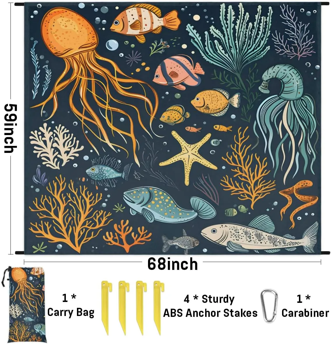 Beach Blanket, Octopuses Coral Sandproof Beach Mat, Waterproof Quick Drying Sand Free Mat with 4 x Ground Spikes for Outdoor Travel Camping Hiking, Animals 68 x 59 in