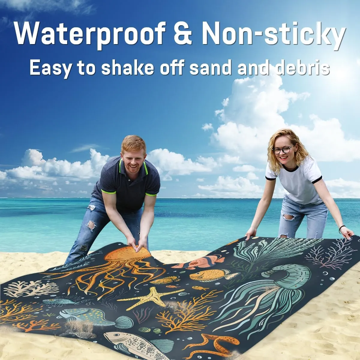 Beach Blanket, Octopuses Coral Sandproof Beach Mat, Waterproof Quick Drying Sand Free Mat with 4 x Ground Spikes for Outdoor Travel Camping Hiking, Animals 68 x 59 in