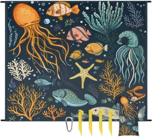 Beach Blanket, Octopuses Coral Sandproof Beach Mat, Waterproof Quick Drying Sand Free Mat with 4 x Ground Spikes for Outdoor Travel Camping Hiking, Animals 68 x 59 in