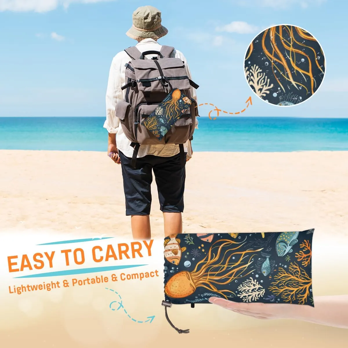 Beach Blanket, Octopuses Coral Sandproof Beach Mat, Waterproof Quick Drying Sand Free Mat with 4 x Ground Spikes for Outdoor Travel Camping Hiking, Animals 68 x 59 in