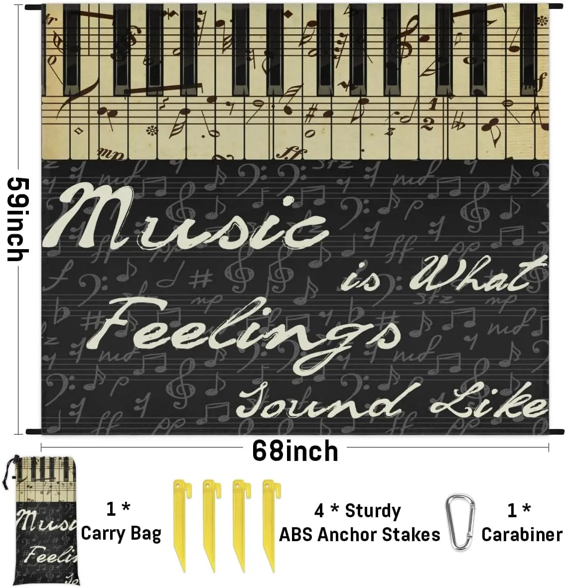 Beach Blanket, Piano Keyboard Sandproof Beach Mat, Waterproof Quick Drying Sand Free Mat with 4 x Ground Spikes for Outdoor Travel Camping Hiking, Music Notes 68 x 59 in