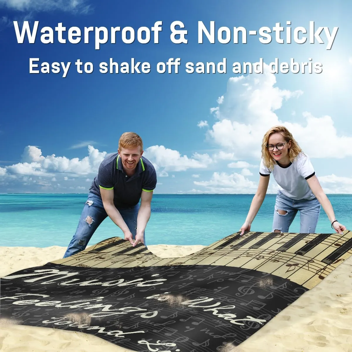 Beach Blanket, Piano Keyboard Sandproof Beach Mat, Waterproof Quick Drying Sand Free Mat with 4 x Ground Spikes for Outdoor Travel Camping Hiking, Music Notes 68 x 59 in