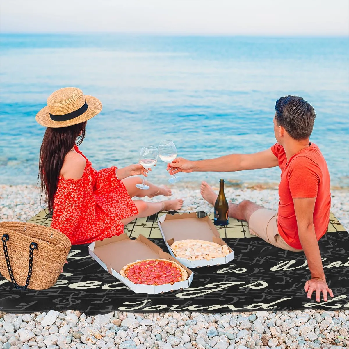 Beach Blanket, Piano Keyboard Sandproof Beach Mat, Waterproof Quick Drying Sand Free Mat with 4 x Ground Spikes for Outdoor Travel Camping Hiking, Music Notes 68 x 59 in