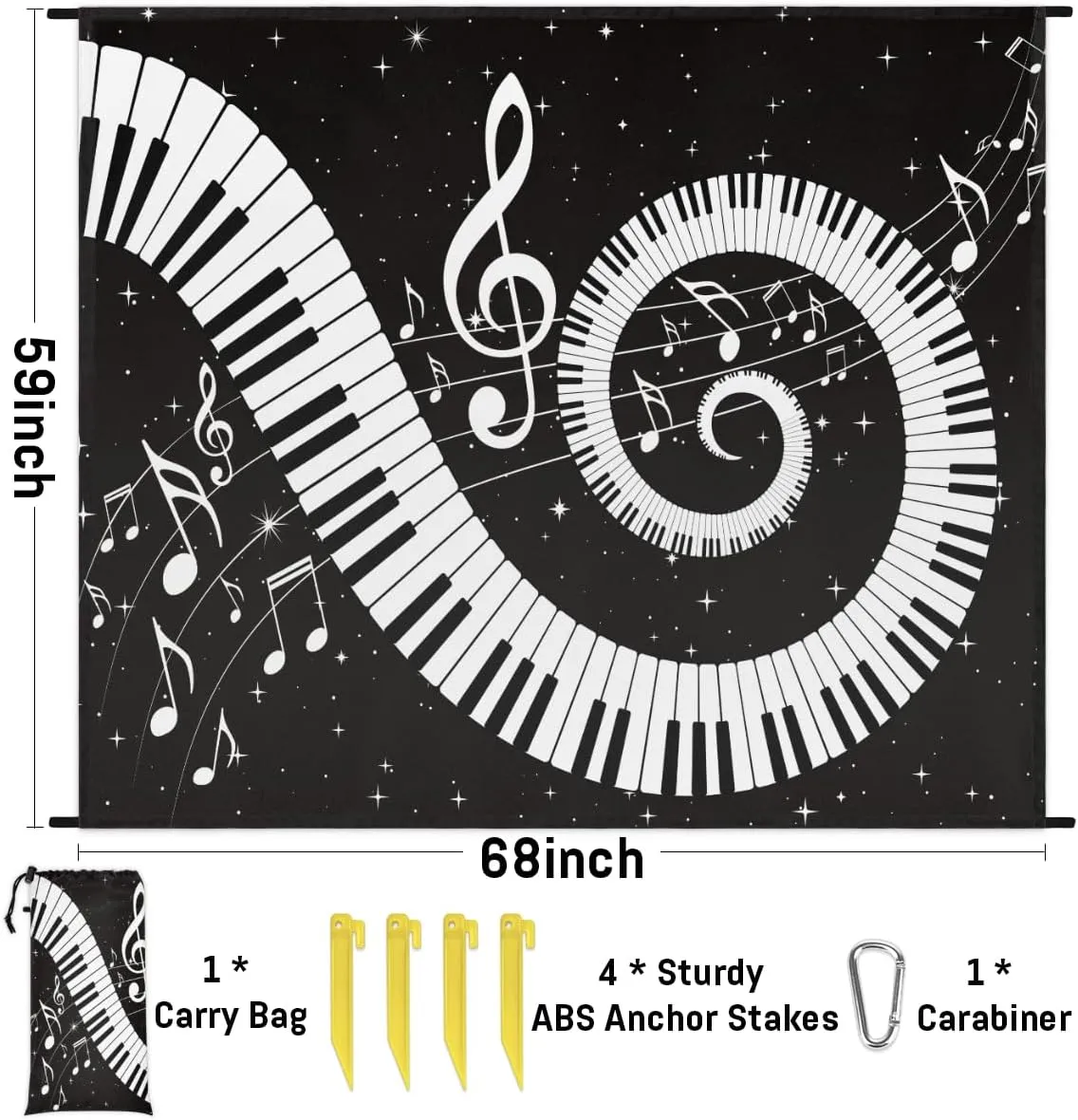 Beach Blanket, Piano Keyboard Sandproof Beach Mat, Waterproof Quick Drying Sand Free Mat with 4 x Ground Spikes for Outdoor Travel Camping Hiking, Musical Notes 68 x 59 in