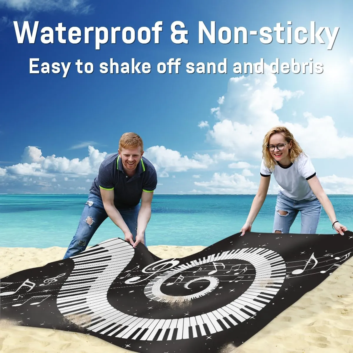 Beach Blanket, Piano Keyboard Sandproof Beach Mat, Waterproof Quick Drying Sand Free Mat with 4 x Ground Spikes for Outdoor Travel Camping Hiking, Musical Notes 68 x 59 in