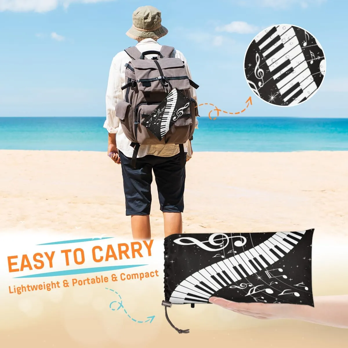 Beach Blanket, Piano Keyboard Sandproof Beach Mat, Waterproof Quick Drying Sand Free Mat with 4 x Ground Spikes for Outdoor Travel Camping Hiking, Musical Notes 68 x 59 in
