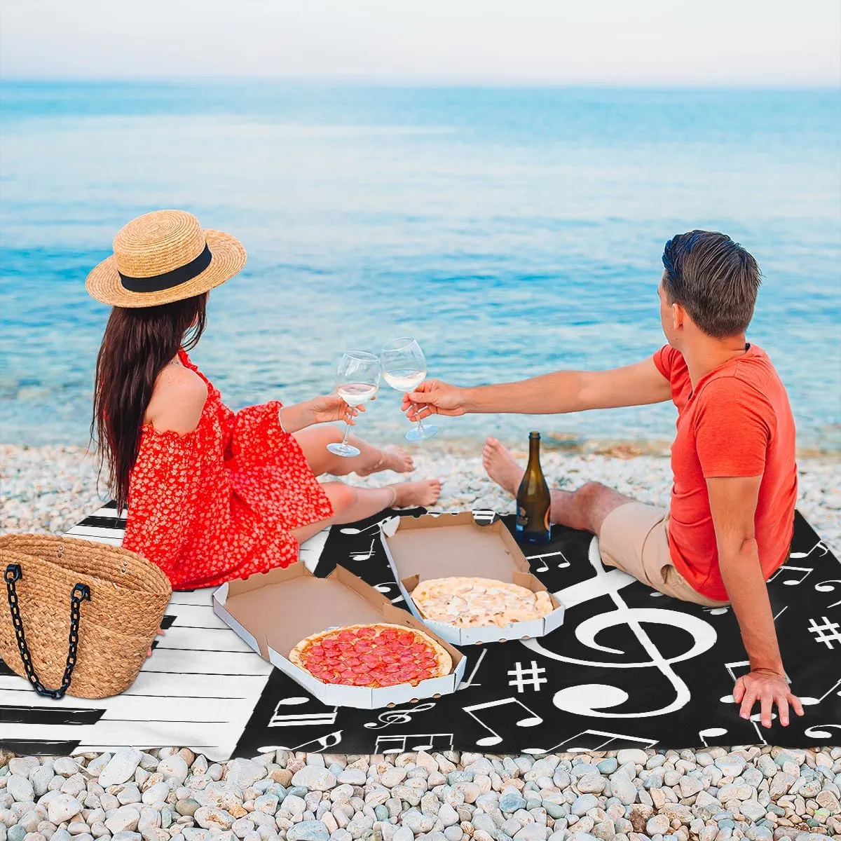 Beach Blanket, Piano Keys Music Sandproof Beach Mat, Waterproof Quick Drying Sand Free Mat with 4 x Ground Spikes for Outdoor Travel Camping Hiking, Music 68 x 59 in
