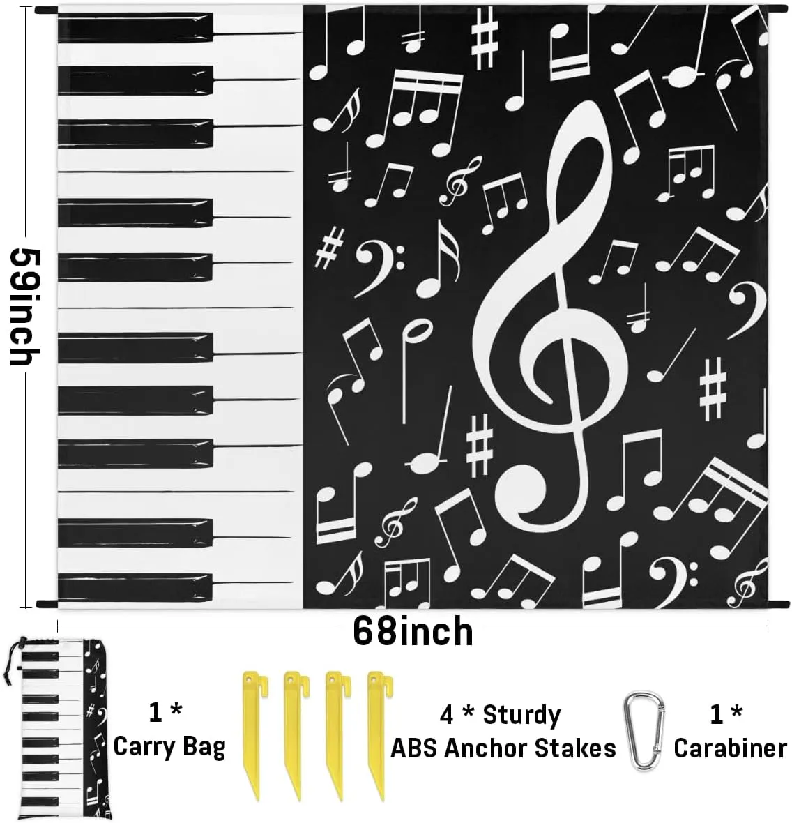 Beach Blanket, Piano Keys Music Sandproof Beach Mat, Waterproof Quick Drying Sand Free Mat with 4 x Ground Spikes for Outdoor Travel Camping Hiking, Music 68 x 59 in