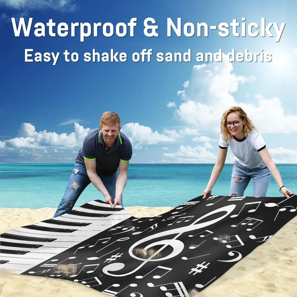 Beach Blanket, Piano Keys Music Sandproof Beach Mat, Waterproof Quick Drying Sand Free Mat with 4 x Ground Spikes for Outdoor Travel Camping Hiking, Music 68 x 59 in