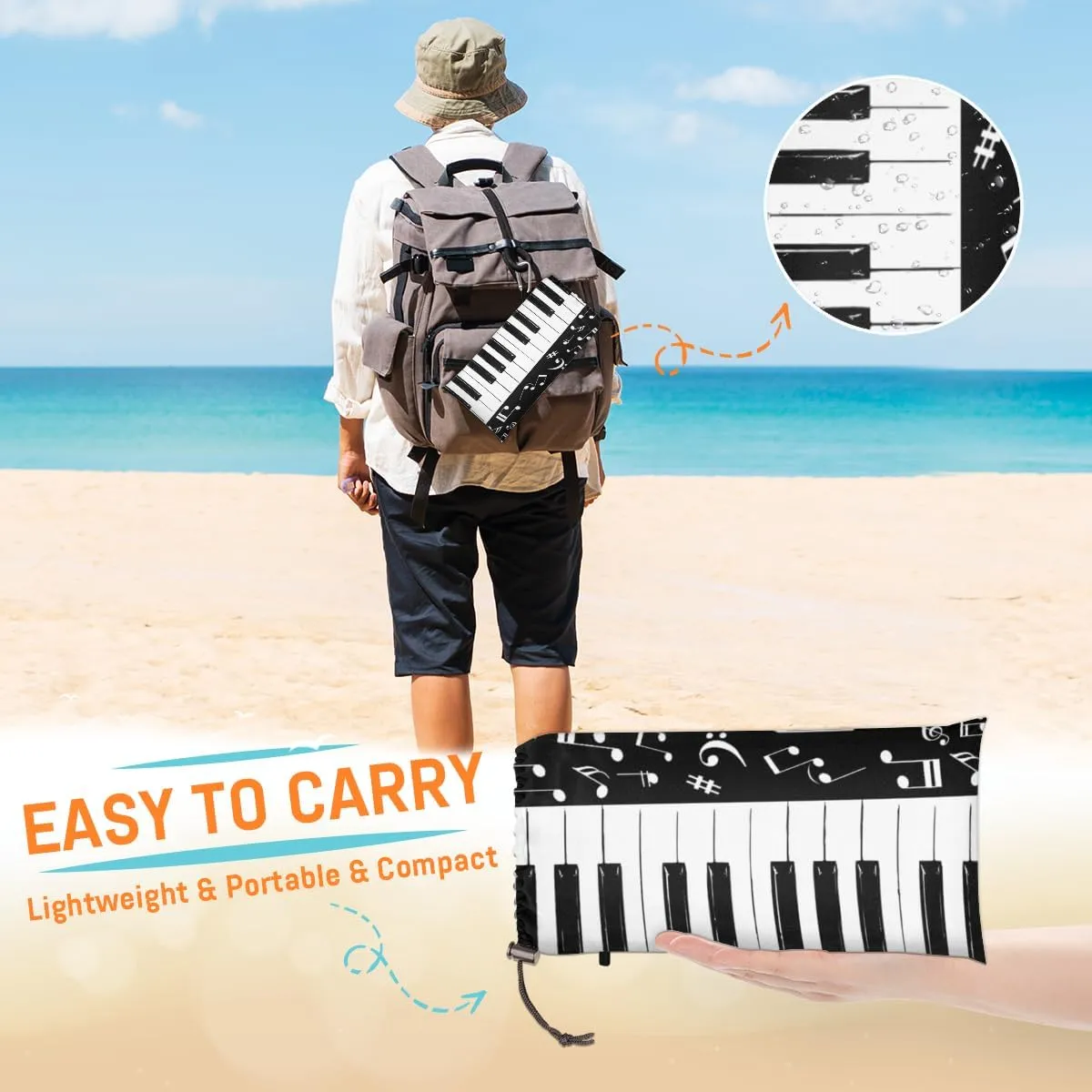 Beach Blanket, Piano Keys Music Sandproof Beach Mat, Waterproof Quick Drying Sand Free Mat with 4 x Ground Spikes for Outdoor Travel Camping Hiking, Music 68 x 59 in