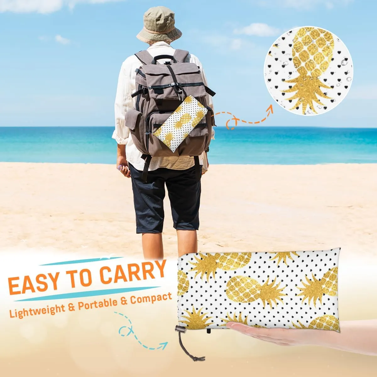 Beach Blanket, Pineapple Sandproof Beach Mat, Waterproof Quick Drying Sand Free Mat with 4 x Ground Spikes for Outdoor Travel Camping Hiking, Pineapple Fruit 68 x 59 in