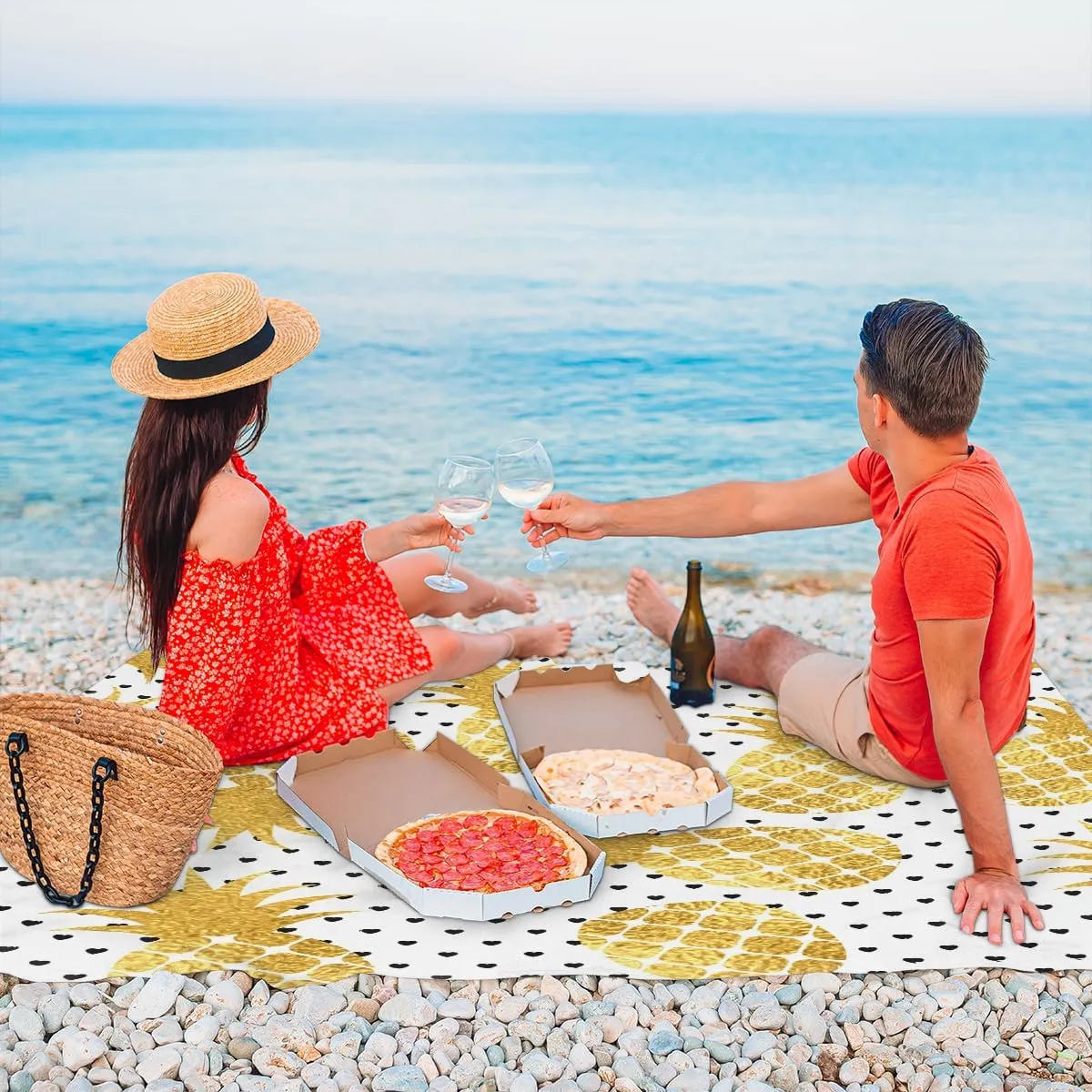 Beach Blanket, Pineapple Sandproof Beach Mat, Waterproof Quick Drying Sand Free Mat with 4 x Ground Spikes for Outdoor Travel Camping Hiking, Pineapple Fruit 68 x 59 in