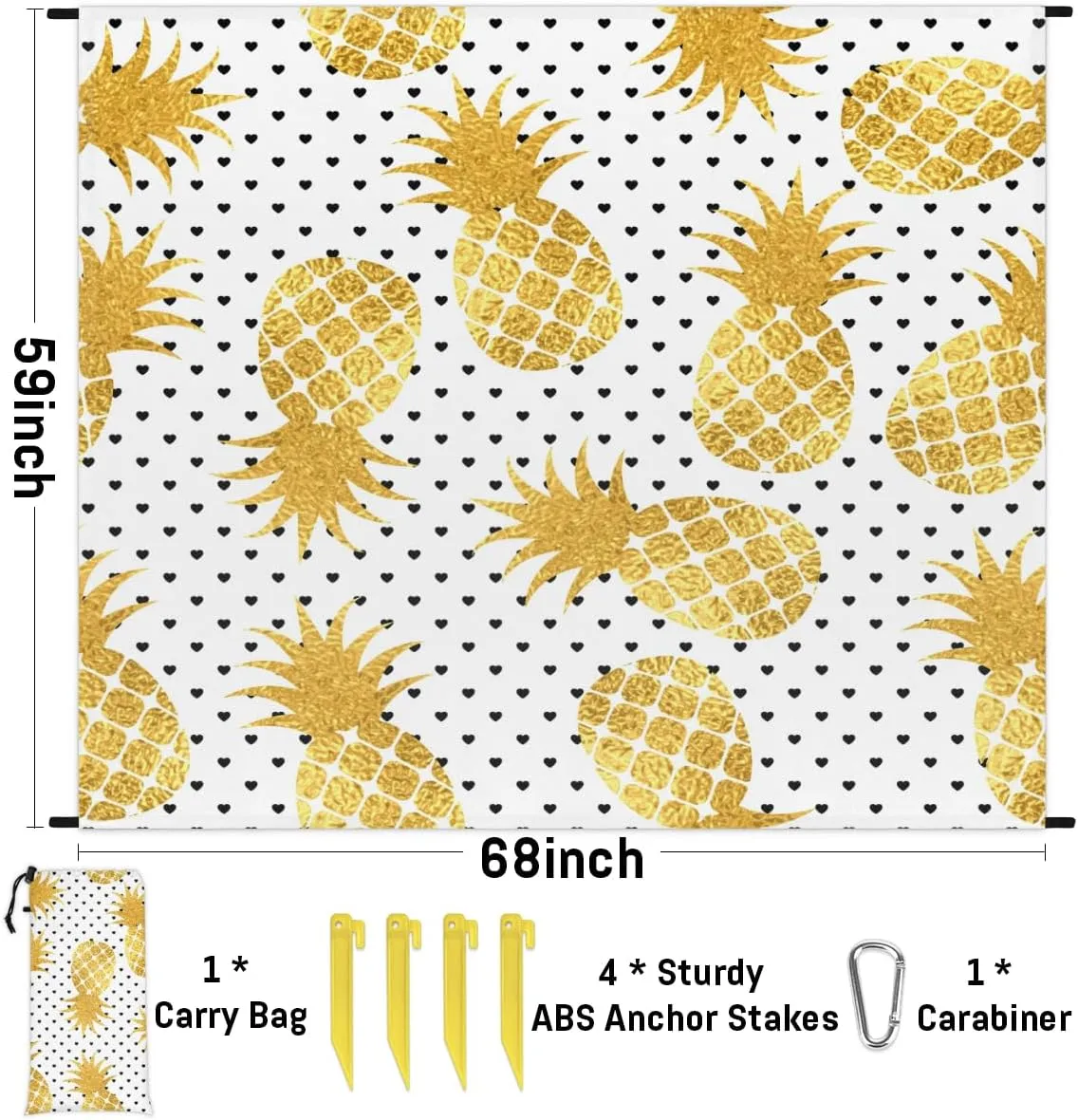 Beach Blanket, Pineapple Sandproof Beach Mat, Waterproof Quick Drying Sand Free Mat with 4 x Ground Spikes for Outdoor Travel Camping Hiking, Pineapple Fruit 68 x 59 in