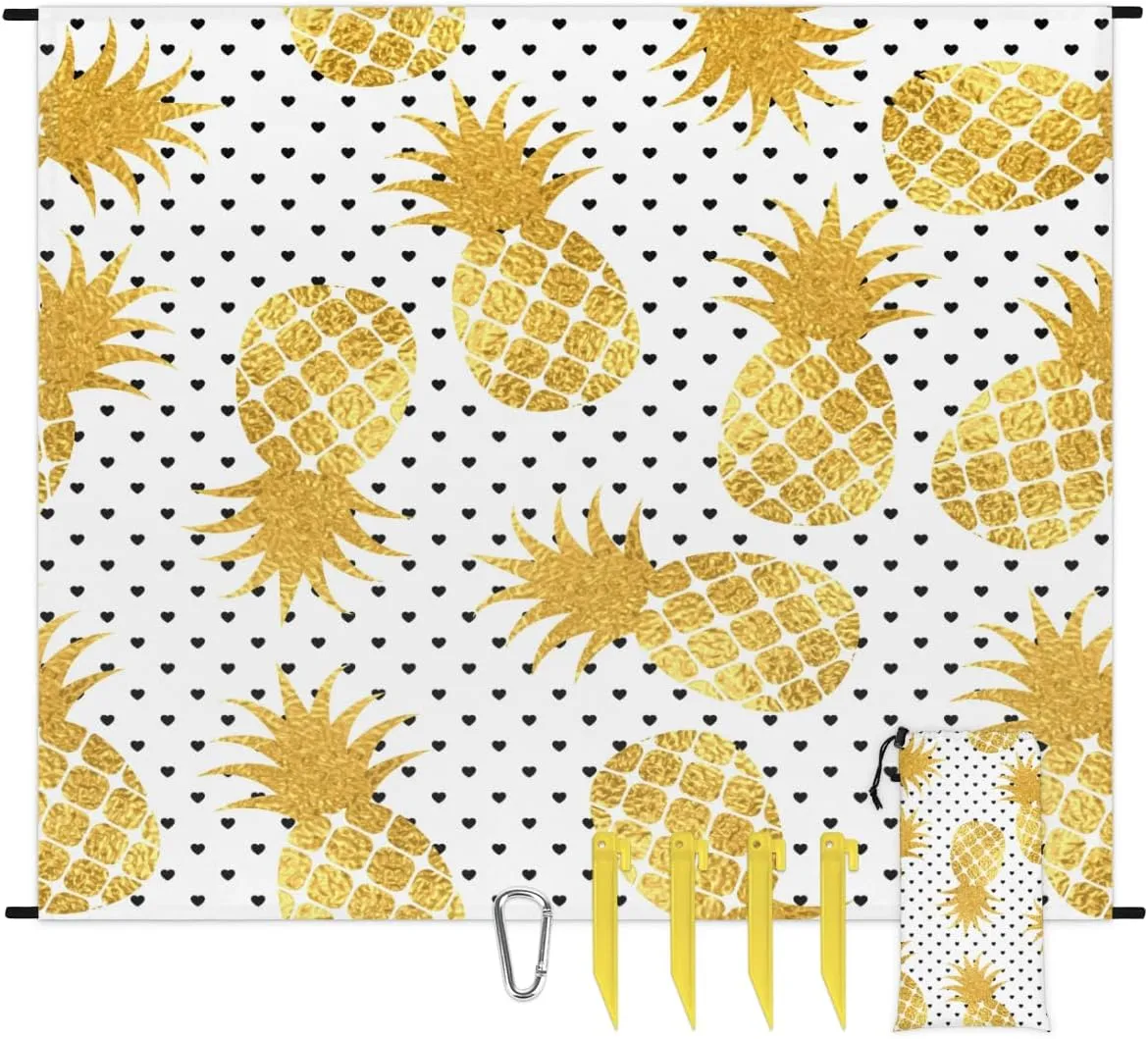 Beach Blanket, Pineapple Sandproof Beach Mat, Waterproof Quick Drying Sand Free Mat with 4 x Ground Spikes for Outdoor Travel Camping Hiking, Pineapple Fruit 68 x 59 in
