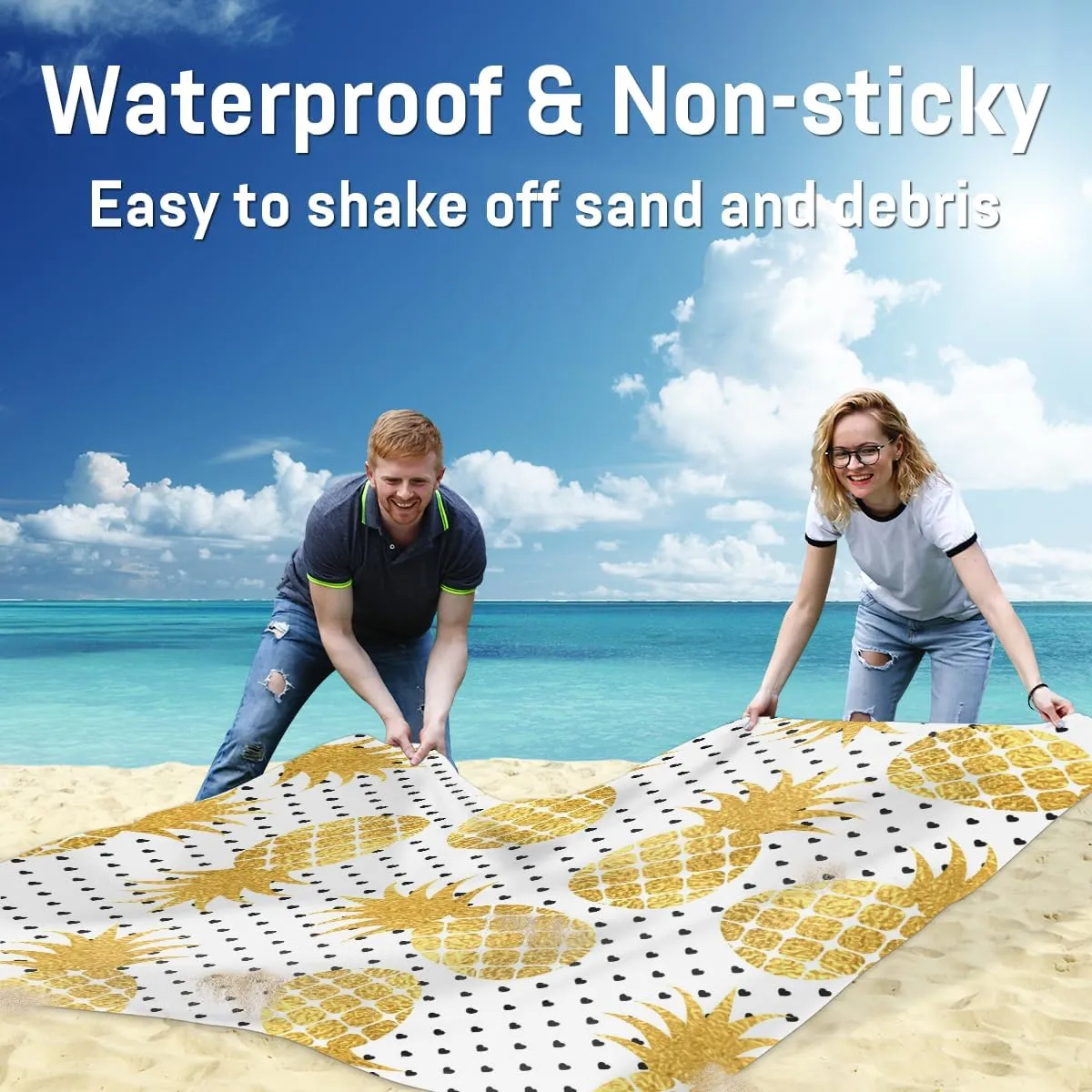 Beach Blanket, Pineapple Sandproof Beach Mat, Waterproof Quick Drying Sand Free Mat with 4 x Ground Spikes for Outdoor Travel Camping Hiking, Pineapple Fruit 68 x 59 in