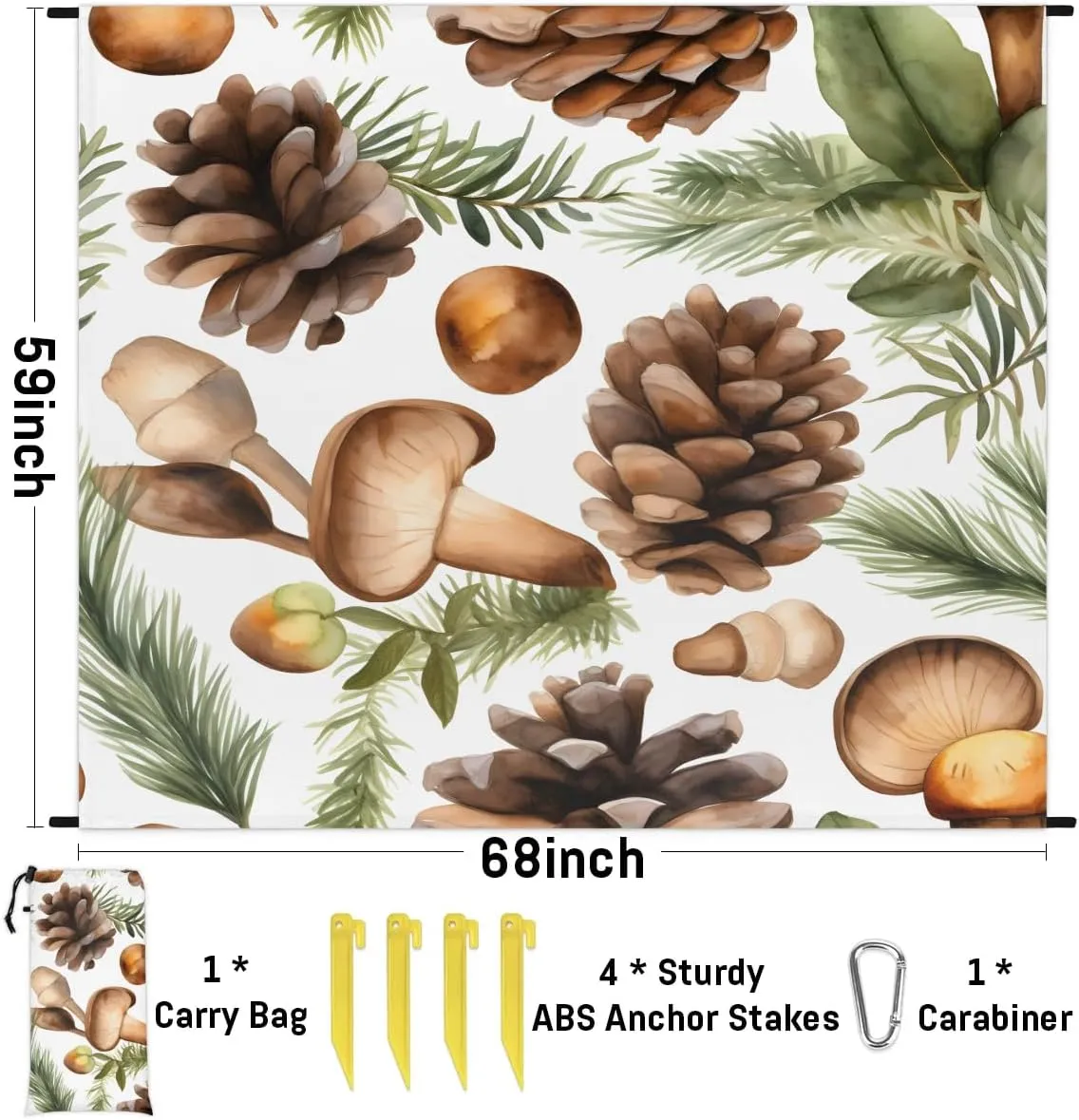 Beach Blanket, Pinecone Sandproof Beach Mat, Waterproof Quick Drying Sand Free Mat with 4 x Ground Spikes for Outdoor Travel Camping Hiking, Wild Plant 68 x 59 in