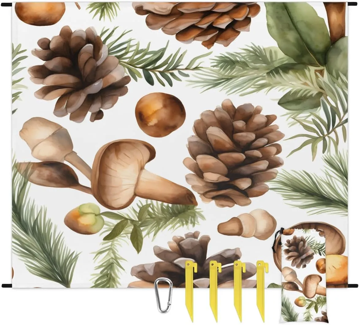 Beach Blanket, Pinecone Sandproof Beach Mat, Waterproof Quick Drying Sand Free Mat with 4 x Ground Spikes for Outdoor Travel Camping Hiking, Wild Plant 68 x 59 in