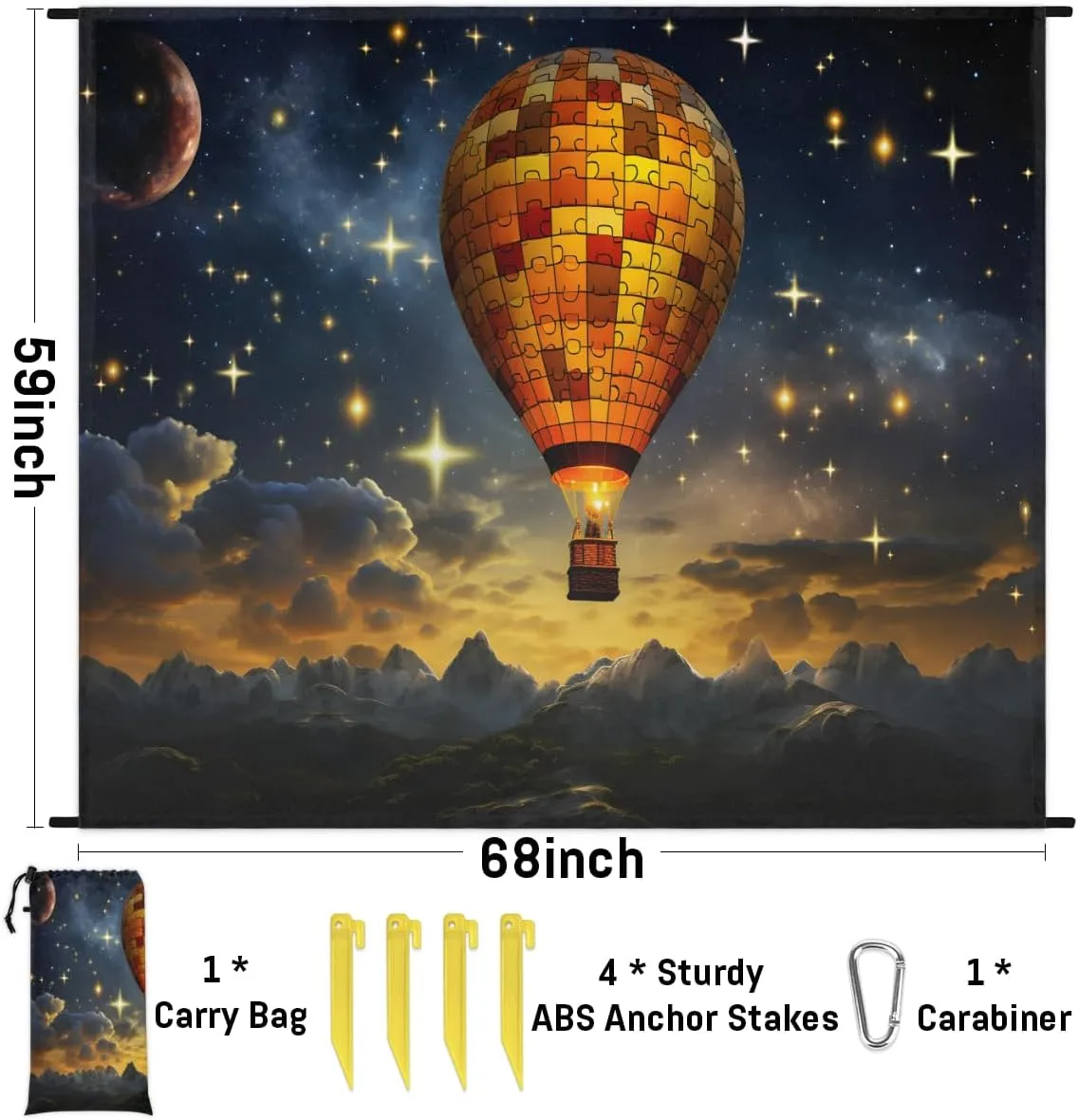 Beach Blanket, Retro Hot Air Balloon Sandproof Beach Mat, Waterproof Quick Drying Sand Free Mat with 4 x Ground Spikes for Outdoor Travel Camping Hiking, Hot Air Balloon 68 x 59 in