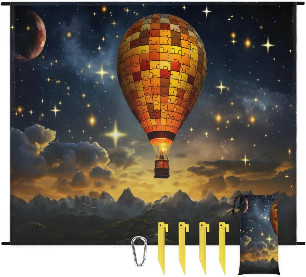 Beach Blanket, Retro Hot Air Balloon Sandproof Beach Mat, Waterproof Quick Drying Sand Free Mat with 4 x Ground Spikes for Outdoor Travel Camping Hiking, Hot Air Balloon 68 x 59 in