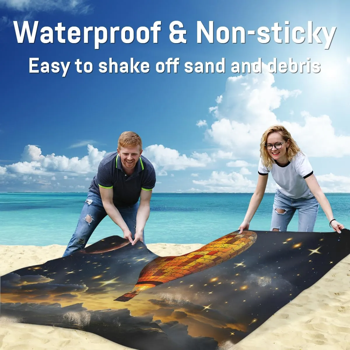 Beach Blanket, Retro Hot Air Balloon Sandproof Beach Mat, Waterproof Quick Drying Sand Free Mat with 4 x Ground Spikes for Outdoor Travel Camping Hiking, Hot Air Balloon 68 x 59 in