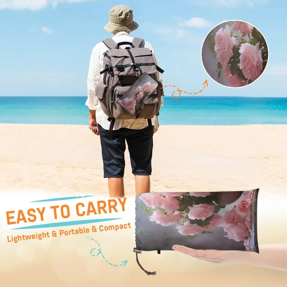 Beach Blanket, Rose Vase Sandproof Beach Mat, Waterproof Quick Drying Sand Free Mat with 4 x Ground Spikes for Outdoor Travel Camping Hiking, Floral 68 x 59 in