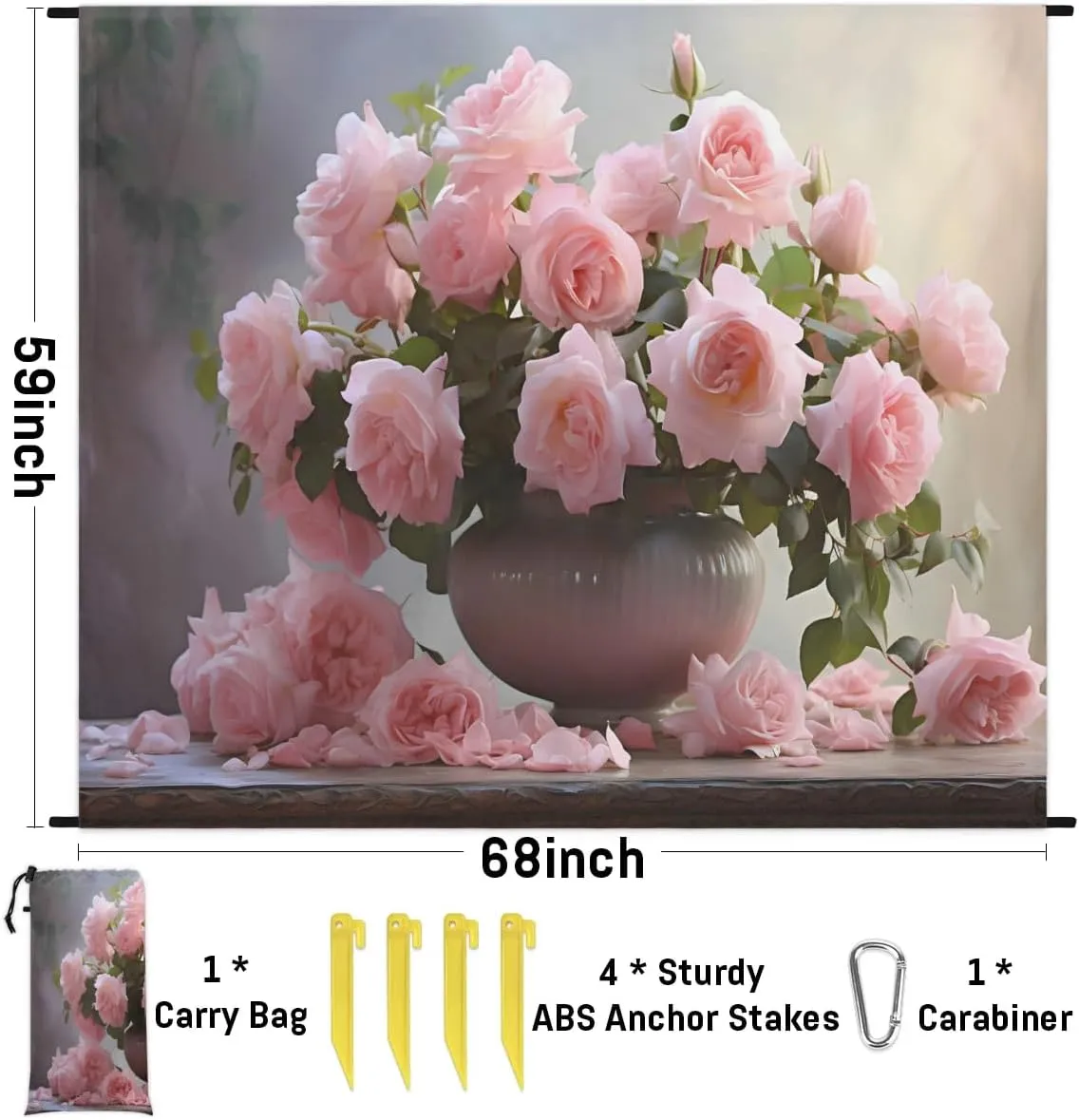 Beach Blanket, Rose Vase Sandproof Beach Mat, Waterproof Quick Drying Sand Free Mat with 4 x Ground Spikes for Outdoor Travel Camping Hiking, Floral 68 x 59 in